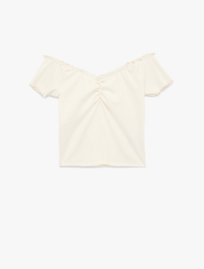  Slim Fit Büzgülü Kayık V Yaka Kısa Kollu Tişört