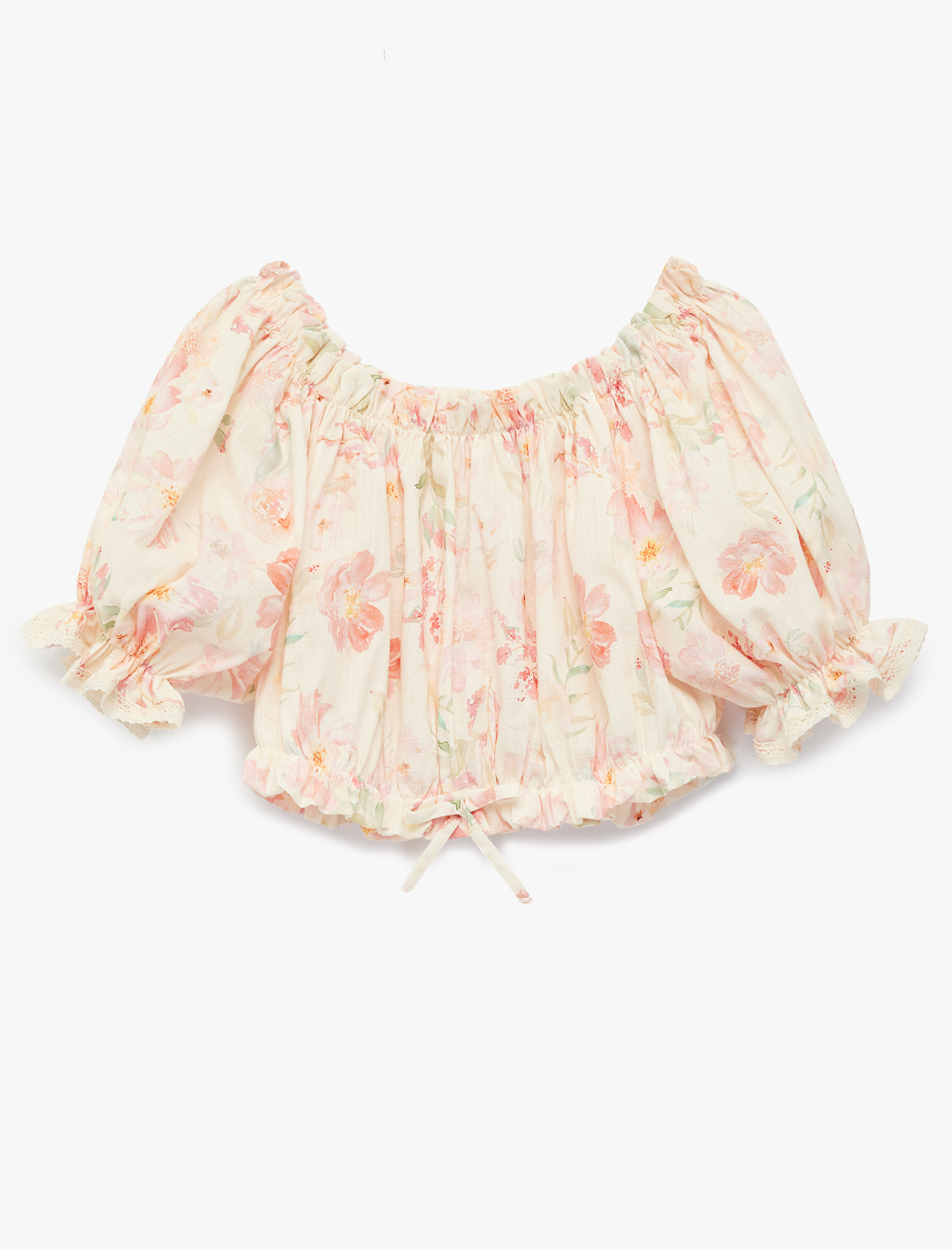  Kız Çocuk Pamuklu Düşük Omuz Fırfır Detaylı Kısa Kollu Çiçekli Crop Bluz