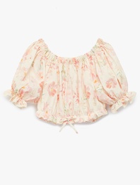 Pamuklu Düşük Omuz Fırfır Detaylı Kısa Kollu Çiçekli Crop Bluz