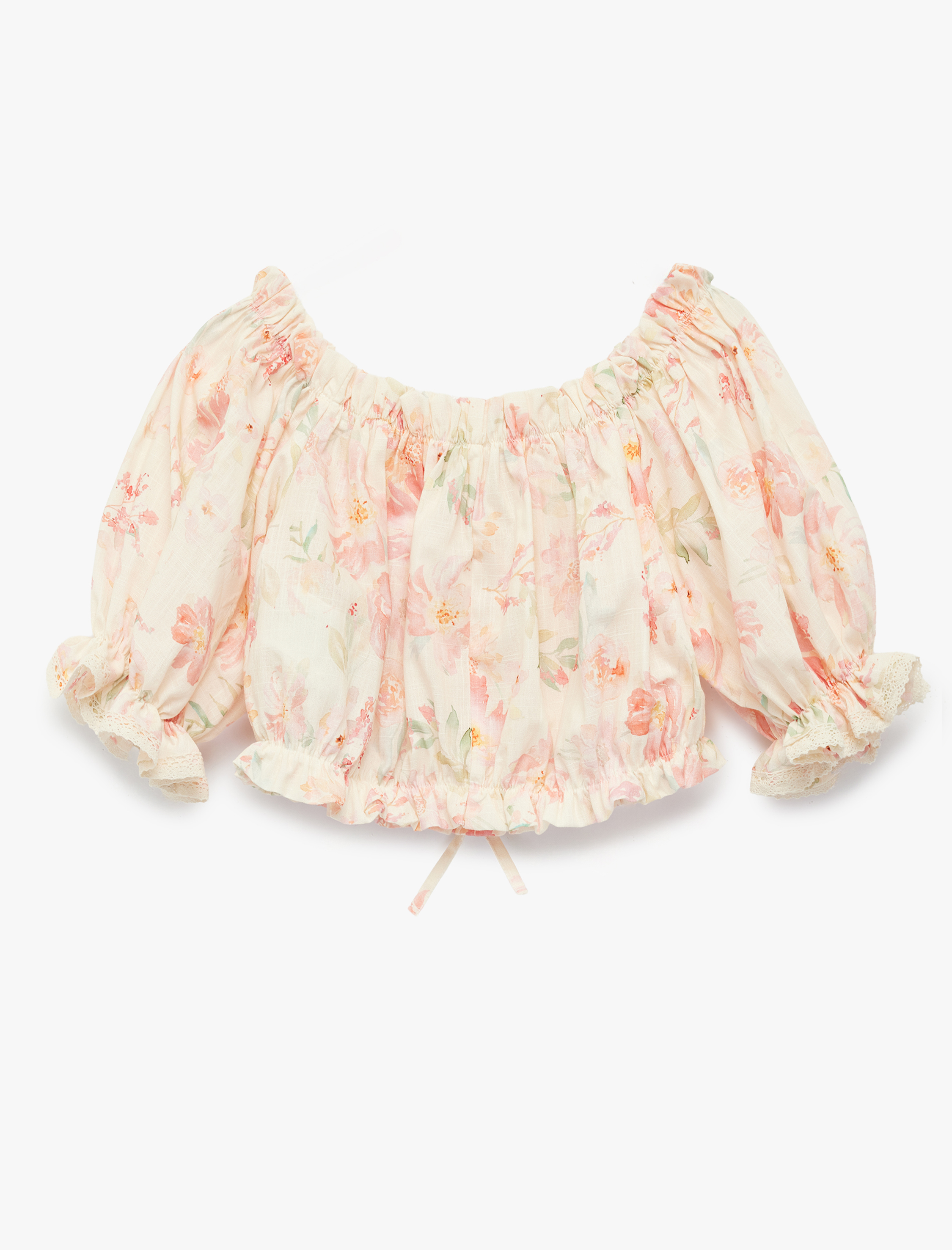  Kız Çocuk Pamuklu Düşük Omuz Fırfır Detaylı Kısa Kollu Çiçekli Crop Bluz