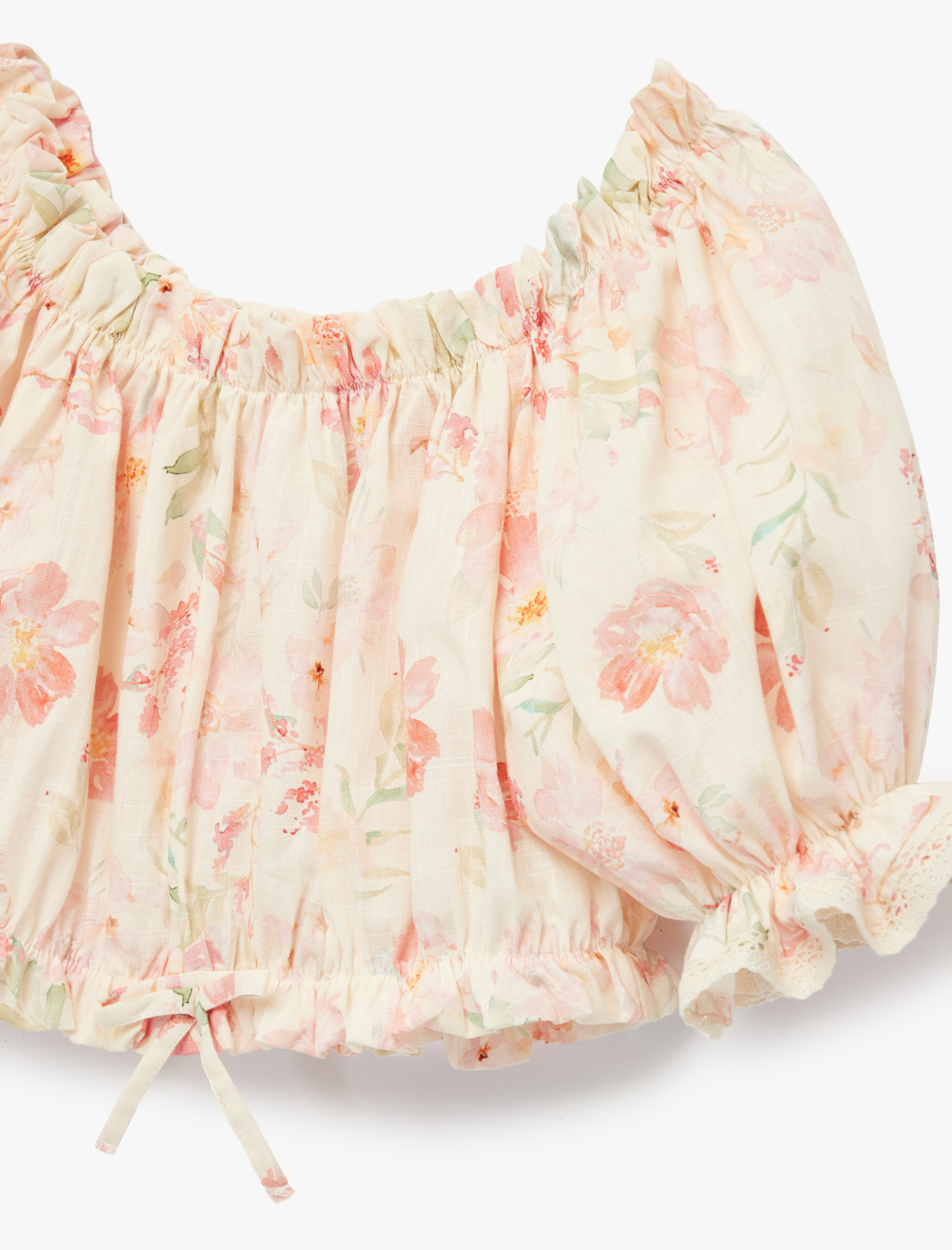  Kız Çocuk Pamuklu Düşük Omuz Fırfır Detaylı Kısa Kollu Çiçekli Crop Bluz