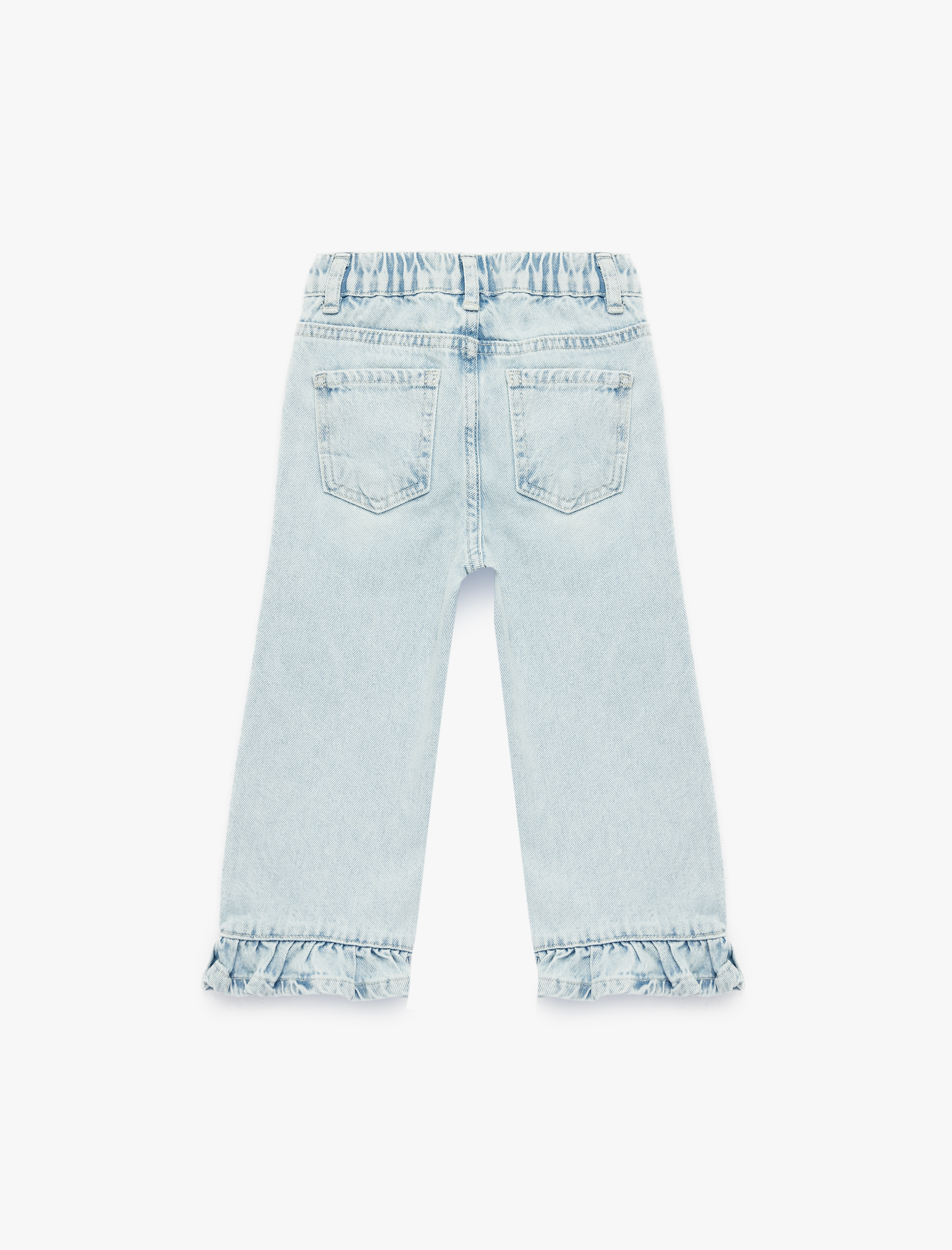  Kız Bebek Pamuklu Cepli Fırfırlı Paça Geniş Paça Denim Pantolon