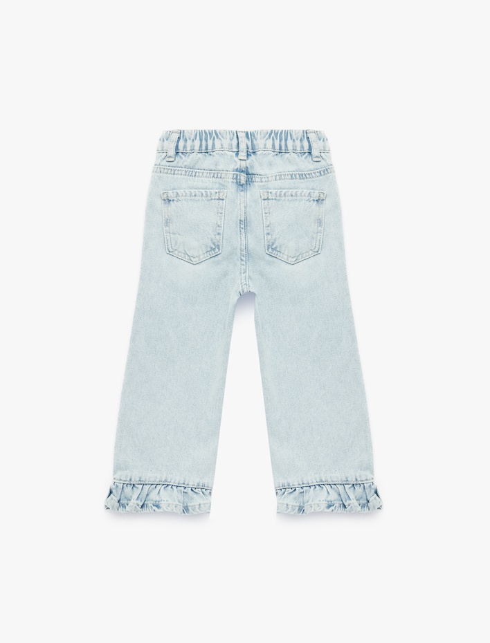 Kız Bebek Pamuklu Cepli Fırfırlı Paça Geniş Paça Denim Pantolon