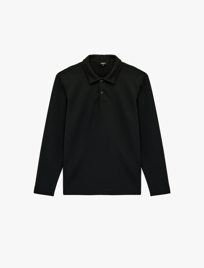  Regular Fit Uzun Kollu Kapitone Dokulu Düğmeli Polo Yaka Sweatshirt