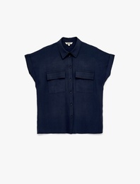 Kupro Viskon Kumaş Cep Detaylı Kısa Kollu Gömlek