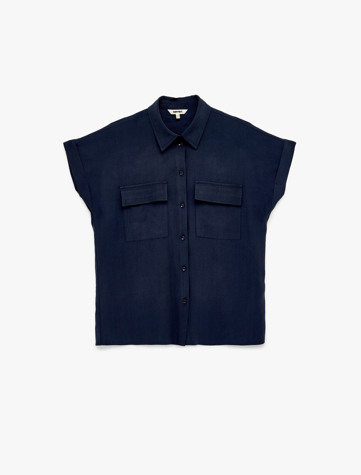  Kupro Viskon Kumaş Cep Detaylı Kısa Kollu Gömlek