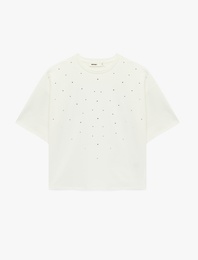 Regular Fit Kısa Kollu Bisiklet Yaka Taşlı Tişört