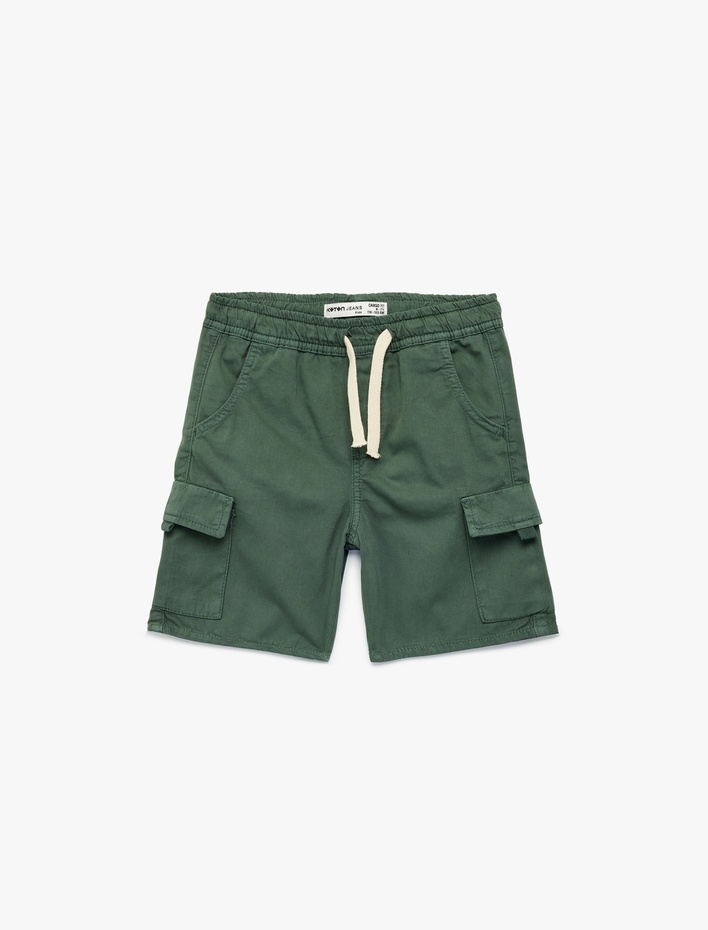 Erkek Çocuk Pamuklu Bağcıklı Kapaklı Cep Detaylı Kargo Şort