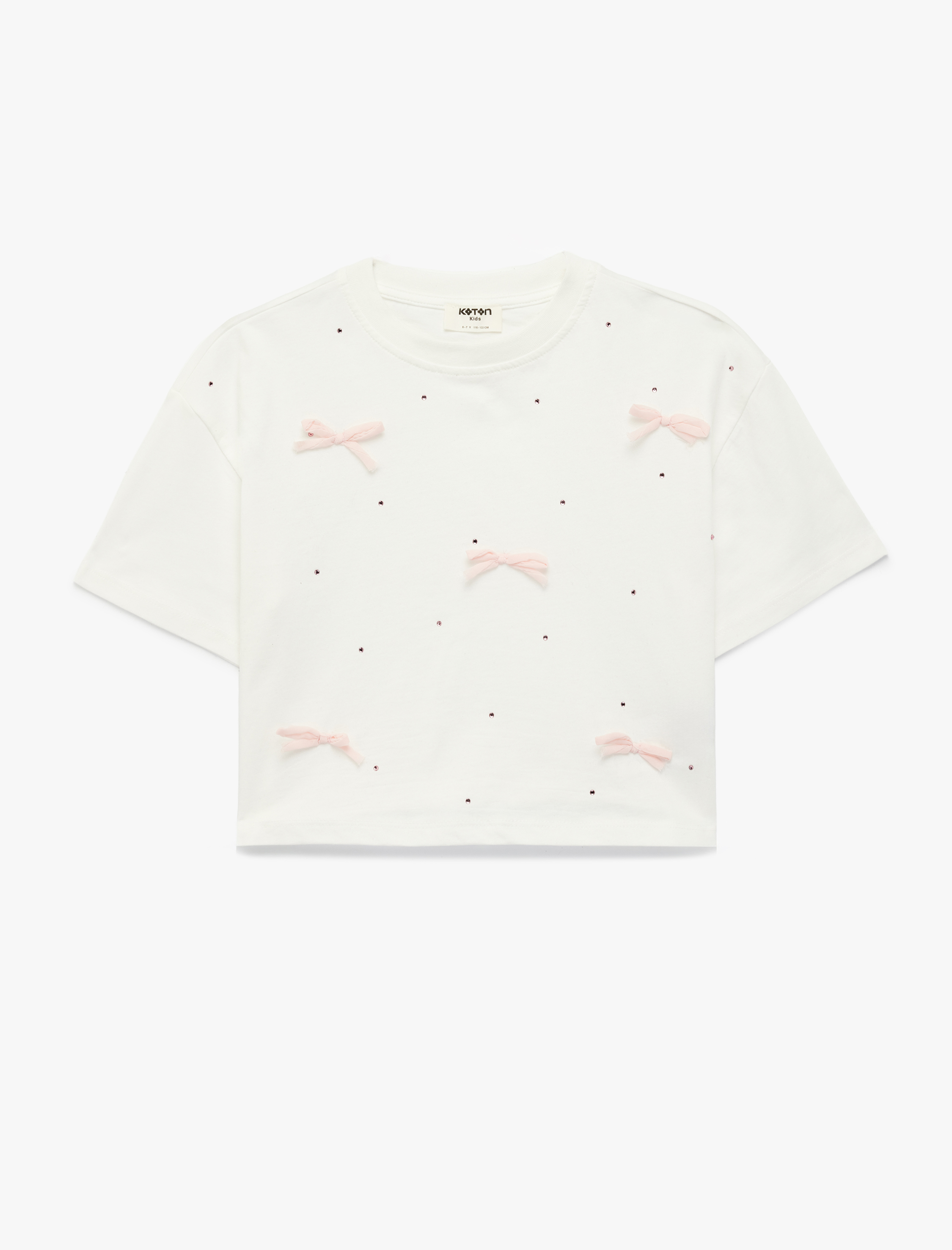  Kız Çocuk Kısa Kollu Bisiklet Yaka Fiyonk ve Taş Detaylı Tişört