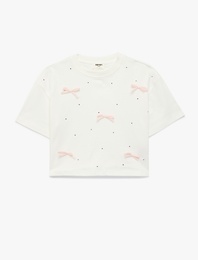 Kısa Kollu Bisiklet Yaka Fiyonk ve Taş Detaylı Tişört