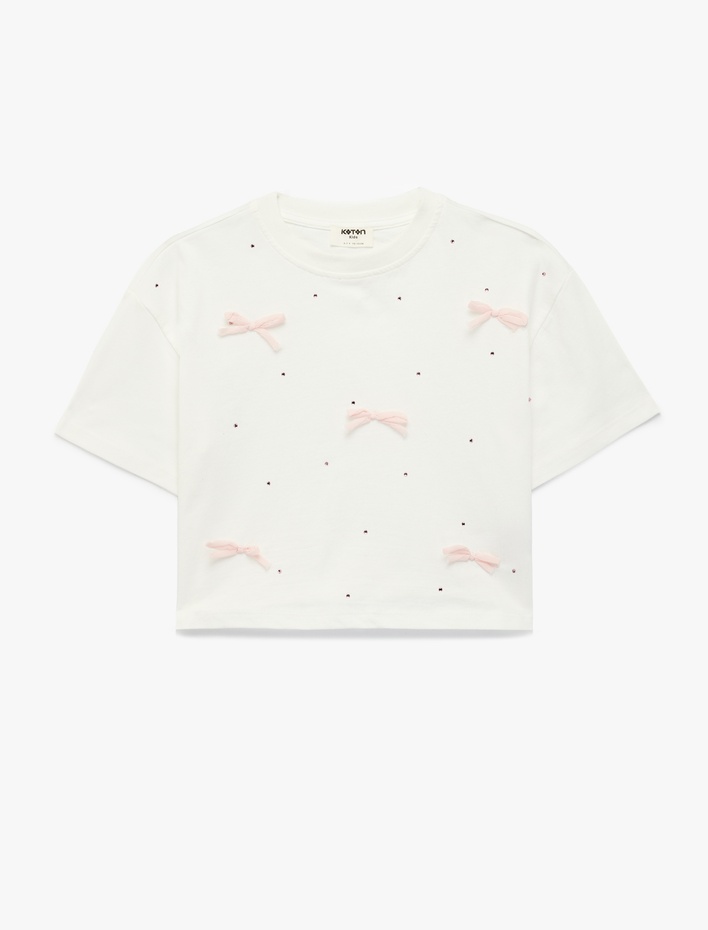 Kız Çocuk Kısa Kollu Bisiklet Yaka Fiyonk ve Taş Detaylı Tişört