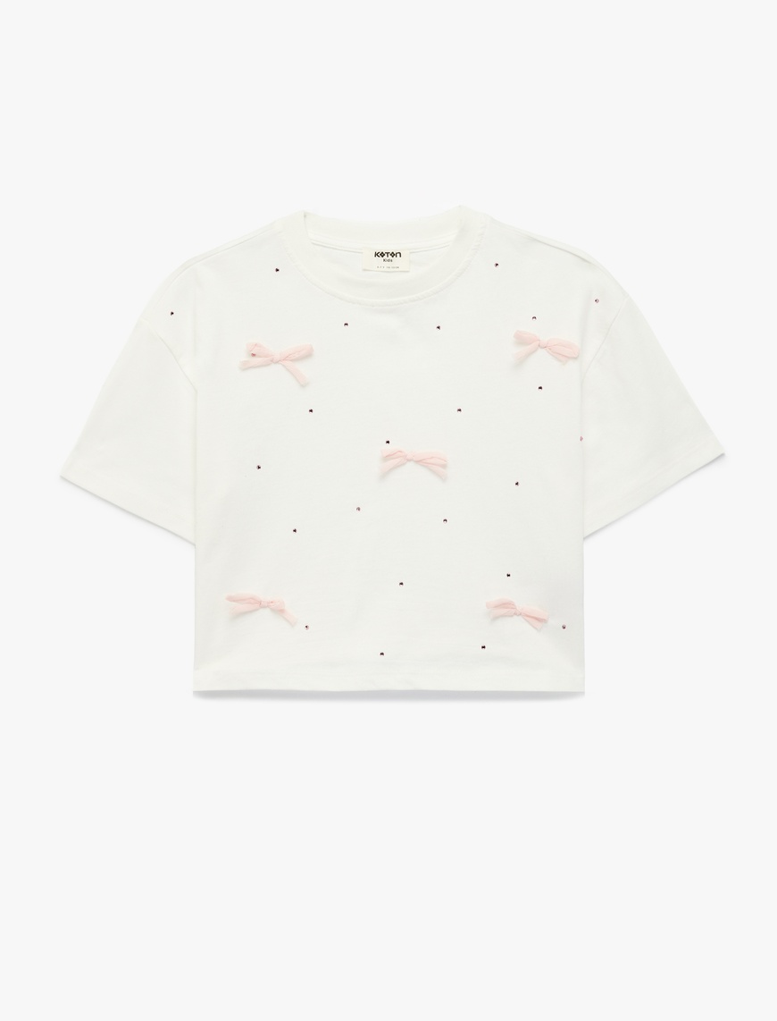 Koton Kısa Kollu Bisiklet Yaka Fiyonk ve Taş Detaylı T-Shirt