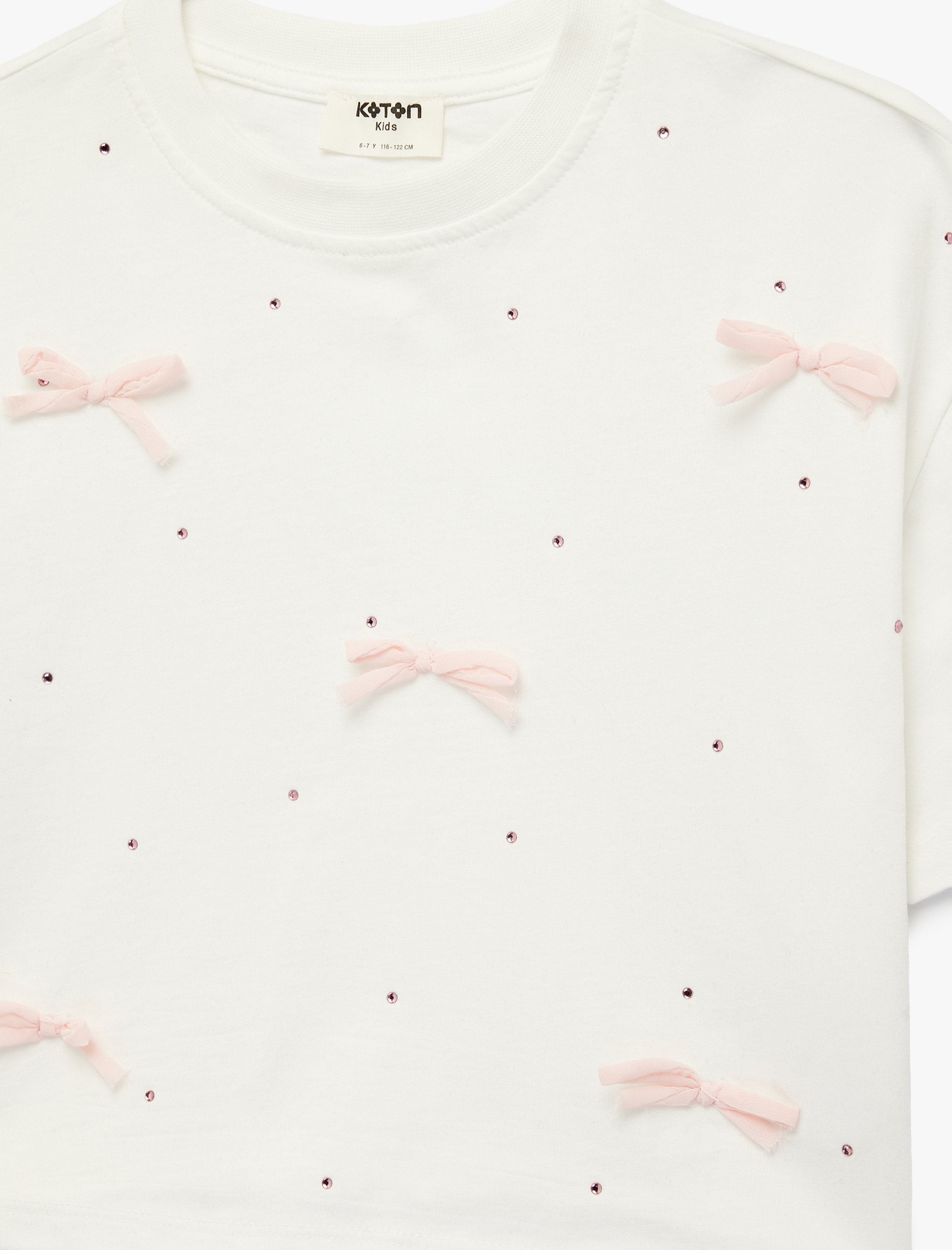  Kız Çocuk Kısa Kollu Bisiklet Yaka Fiyonk ve Taş Detaylı Tişört