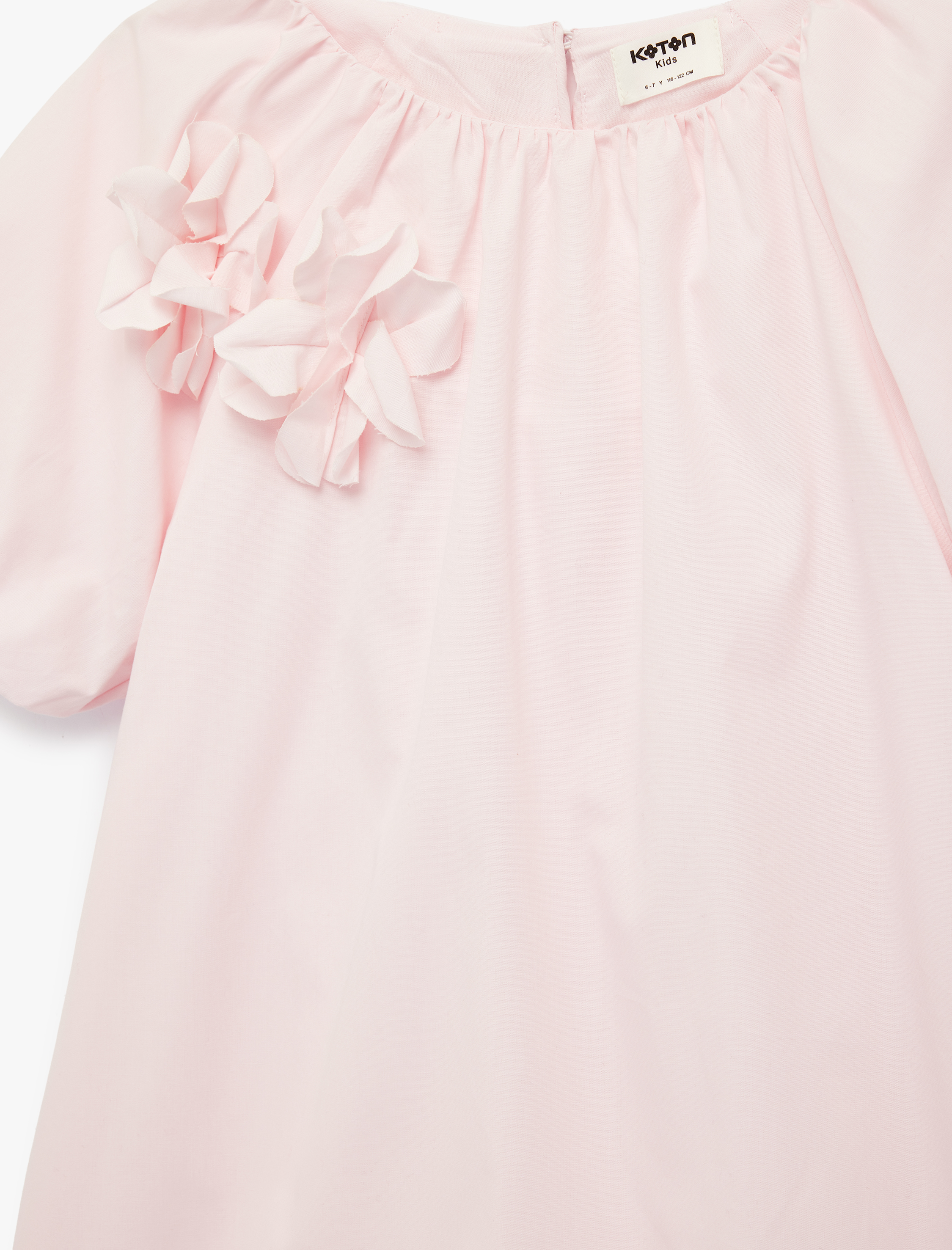  Kız Çocuk Kayık Yaka Balon Kollu Çiçek Aplikeli Pamuklu Elbise