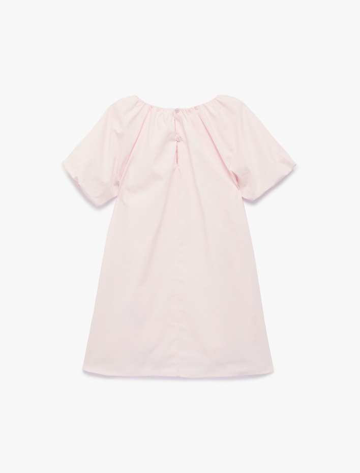 Kız Çocuk Kayık Yaka Balon Kollu Çiçek Aplikeli Pamuklu Elbise