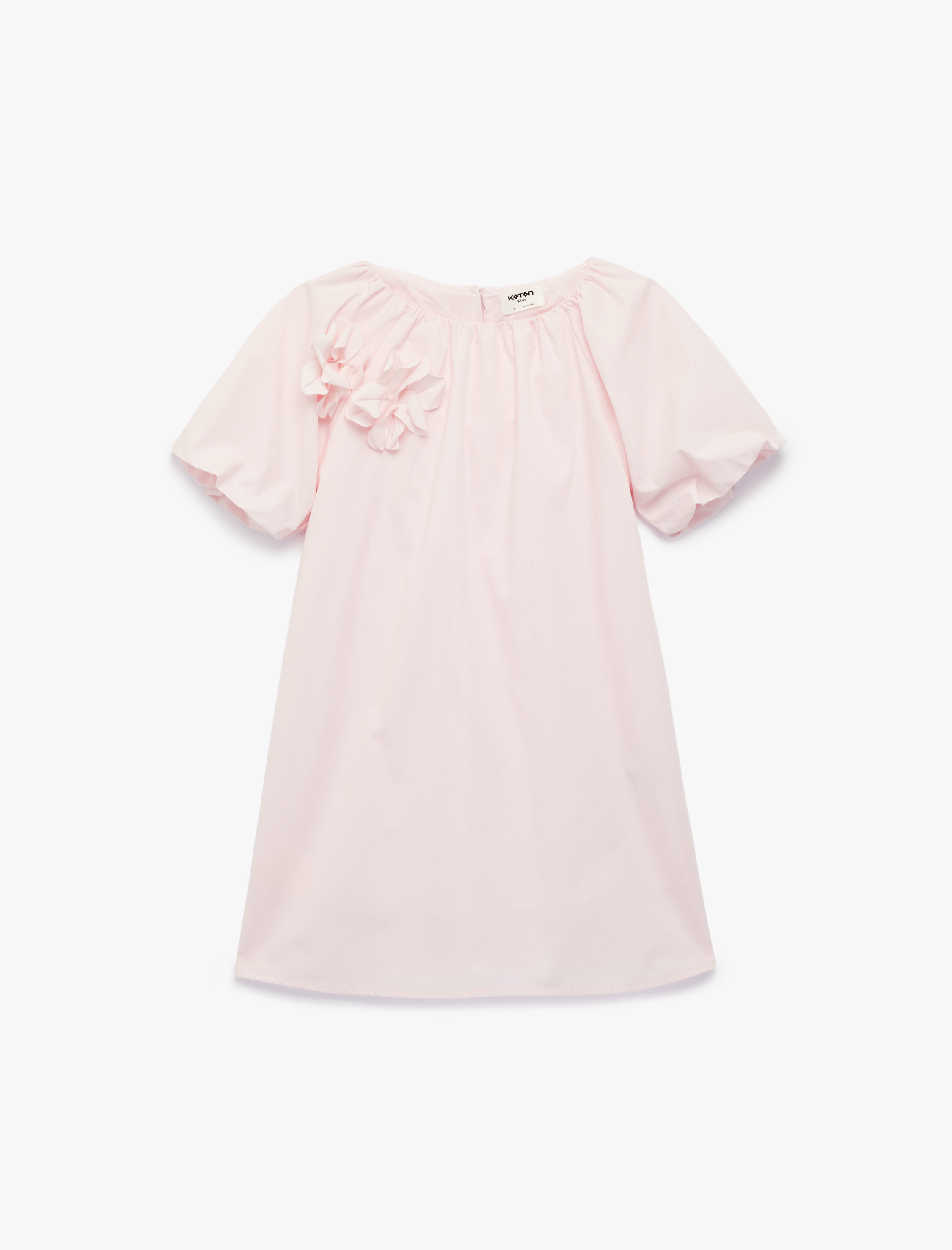  Kız Çocuk Kayık Yaka Balon Kollu Çiçek Aplikeli Pamuklu Elbise