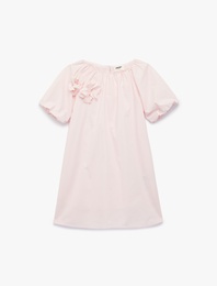 Kayık Yaka Balon Kollu Çiçek Aplikeli Pamuklu Elbise