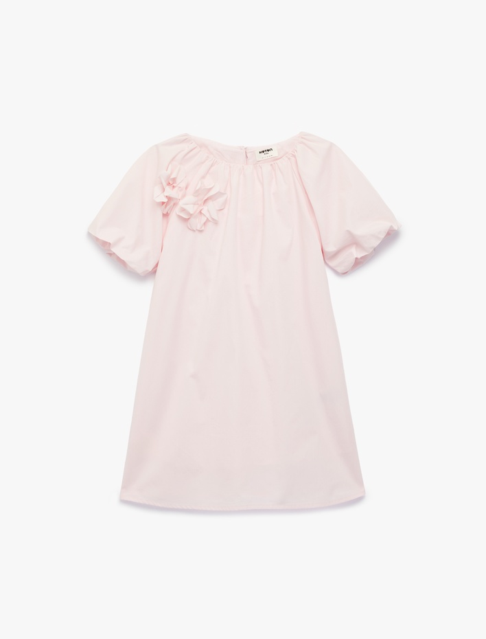 Kız Çocuk Kayık Yaka Balon Kollu Çiçek Aplikeli Pamuklu Elbise