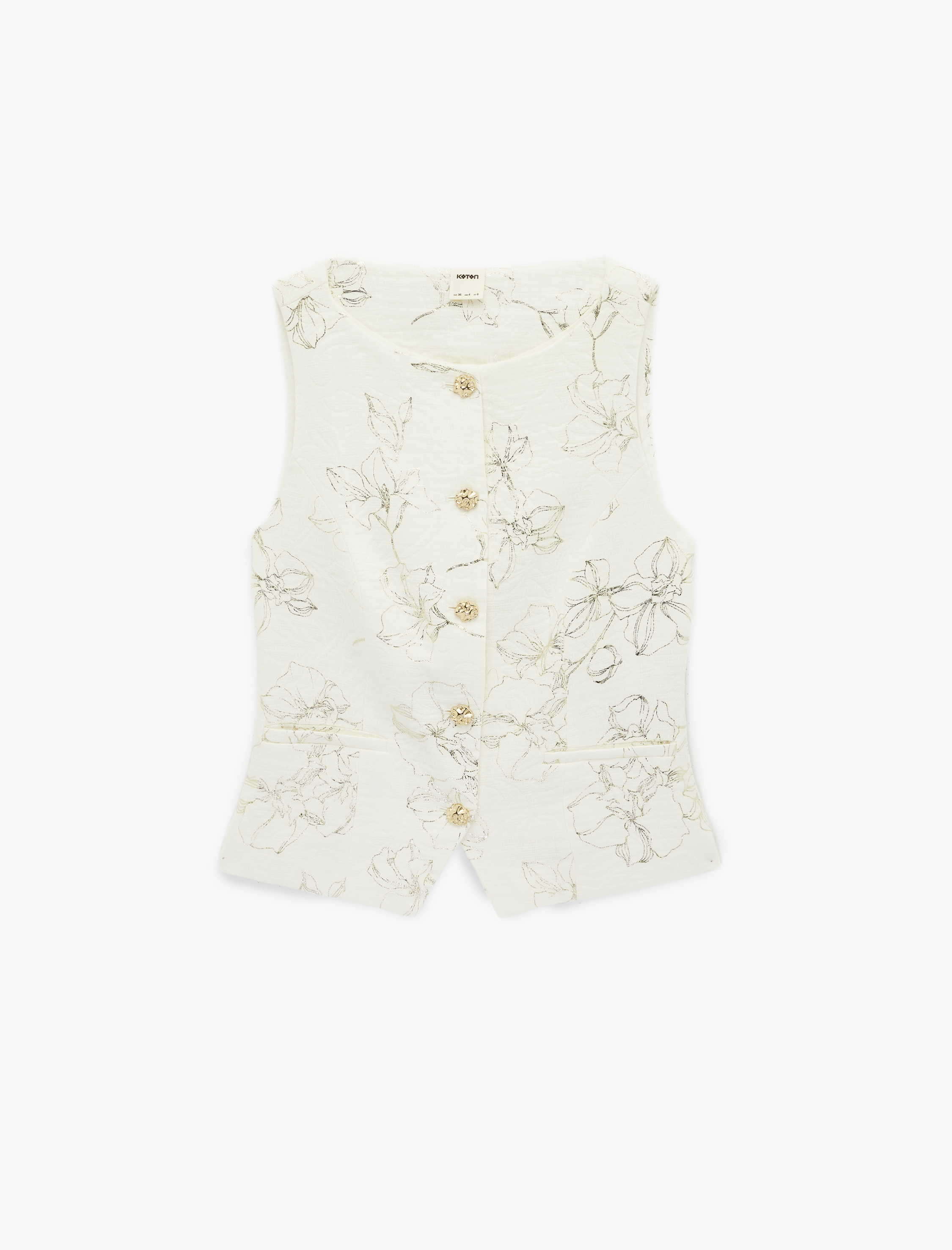   Pamuklu Mücevher Düğme Detaylı Bisiklet Yaka Çiçekli Yelek