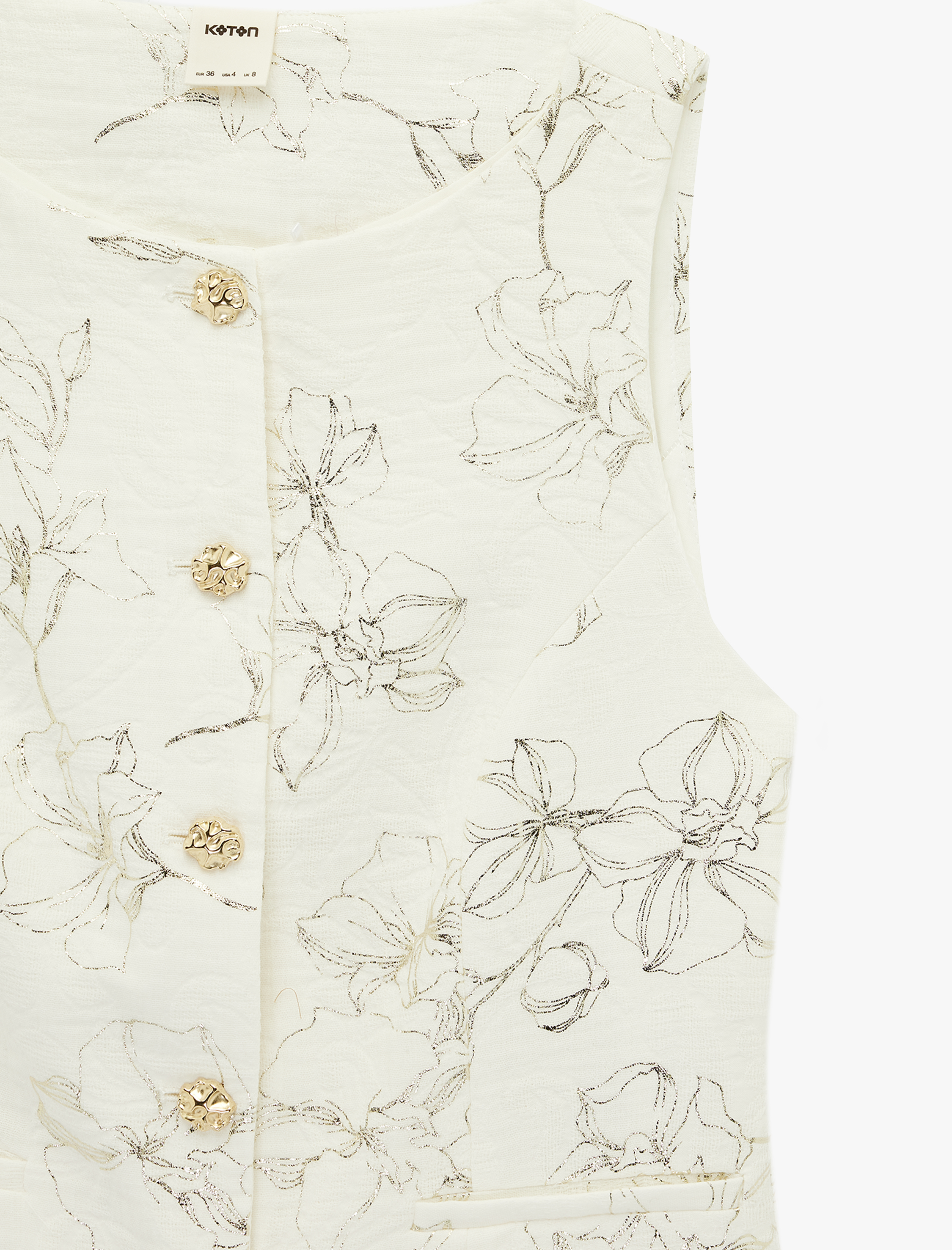   Pamuklu Mücevher Düğme Detaylı Bisiklet Yaka Çiçekli Yelek