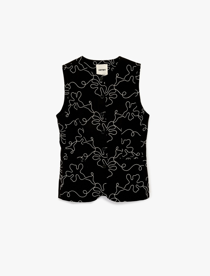  Pamuklu Düğmeli Bisiklet Yaka Çiçekli Poplin Yelek