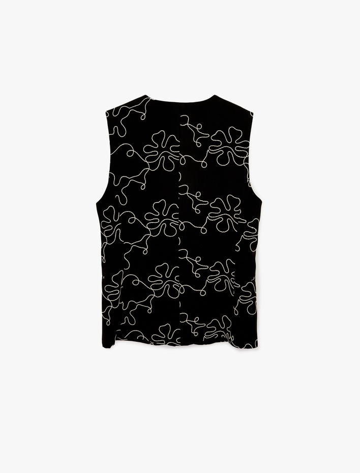  Pamuklu Düğmeli Bisiklet Yaka Çiçekli Poplin Yelek