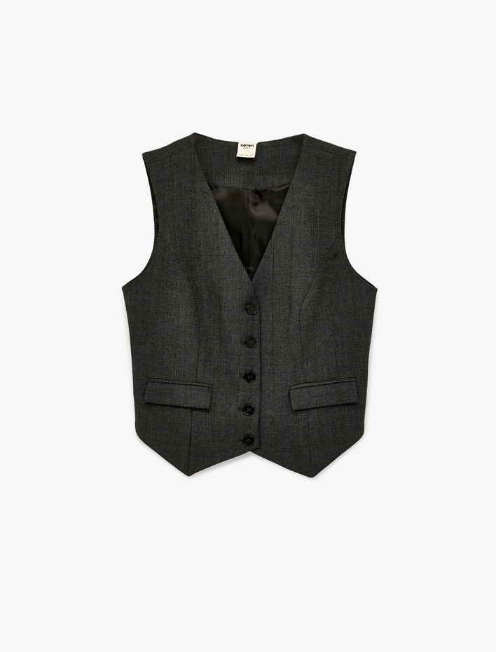  Cep Detaylı Düğmeli V Yaka Kolsuz Yelek