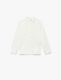 Dik Yaka Düğme Detaylı Fırfırlı Uzun Kollu Bluz