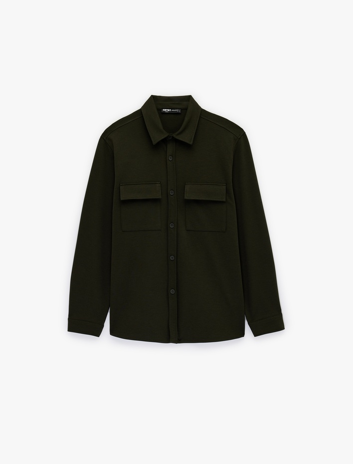  Regular Fit Düğmeli Kapaklı Cepli Klasik Yaka Uzun Kollu Gömlek