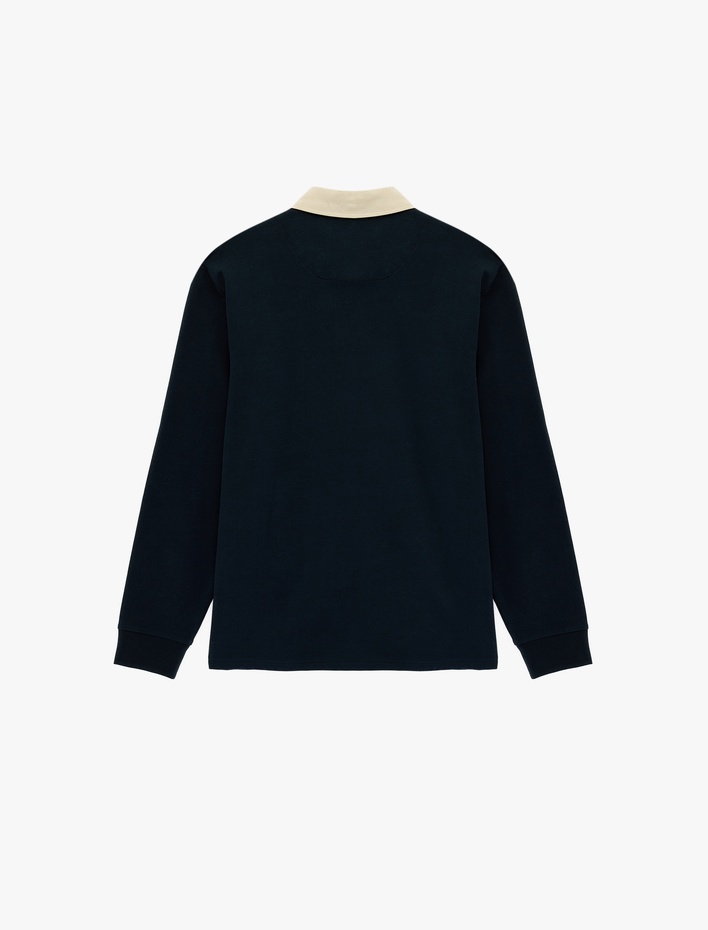  Regular Fit Uzun Kollu Pamuklu Renk Kontrastlı Düğmeli Polo Yaka Sweatshirt