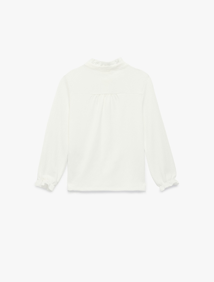 Kız Çocuk Dik Yaka Düğme Detaylı Fırfırlı Uzun Kollu Bluz