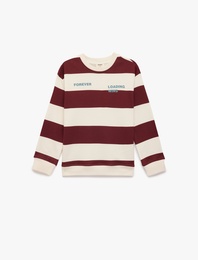 Baskılı Uzun Kollu Bisiklet Yaka Çizgili Sweatshirt