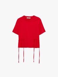 Pamuklu Bağcık Detaylı Kısa Kollu Bisiklet Yaka Tişört