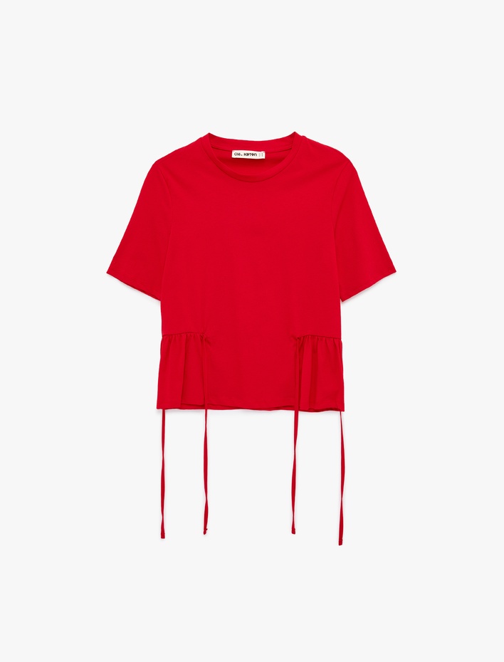  Pamuklu Bağcık Detaylı Kısa Kollu Bisiklet Yaka Tişört