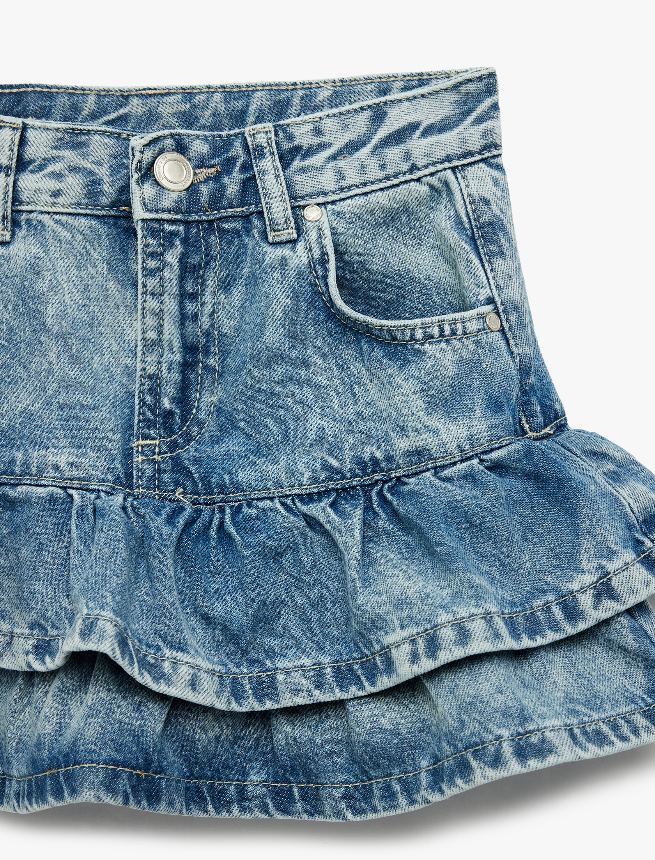  Kız Çocuk Pamuklu Kat Kat Fırfır Detaylı Cepli Mini Denim Etek