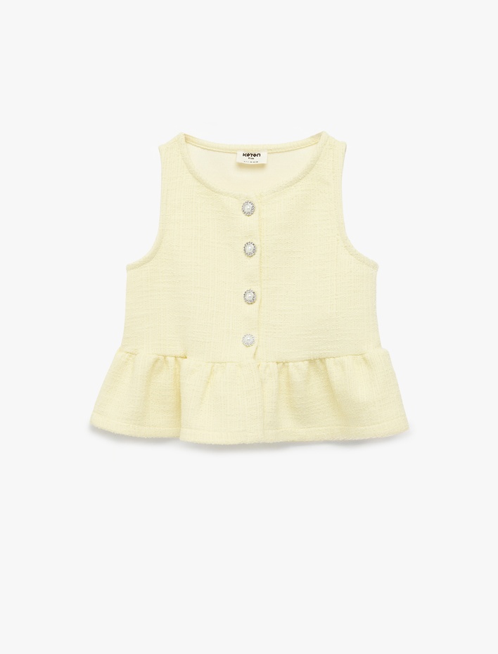 Kız Çocuk İnci Düğme Detaylı Bisiklet Yaka Fırfırlı Kolsuz Bluz