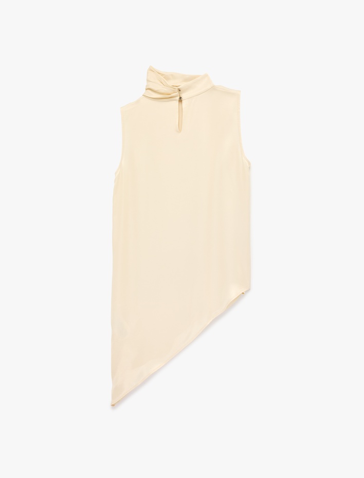  Asimetrik Kesim Kolsuz Dik Yaka Uzun Saten Bluz