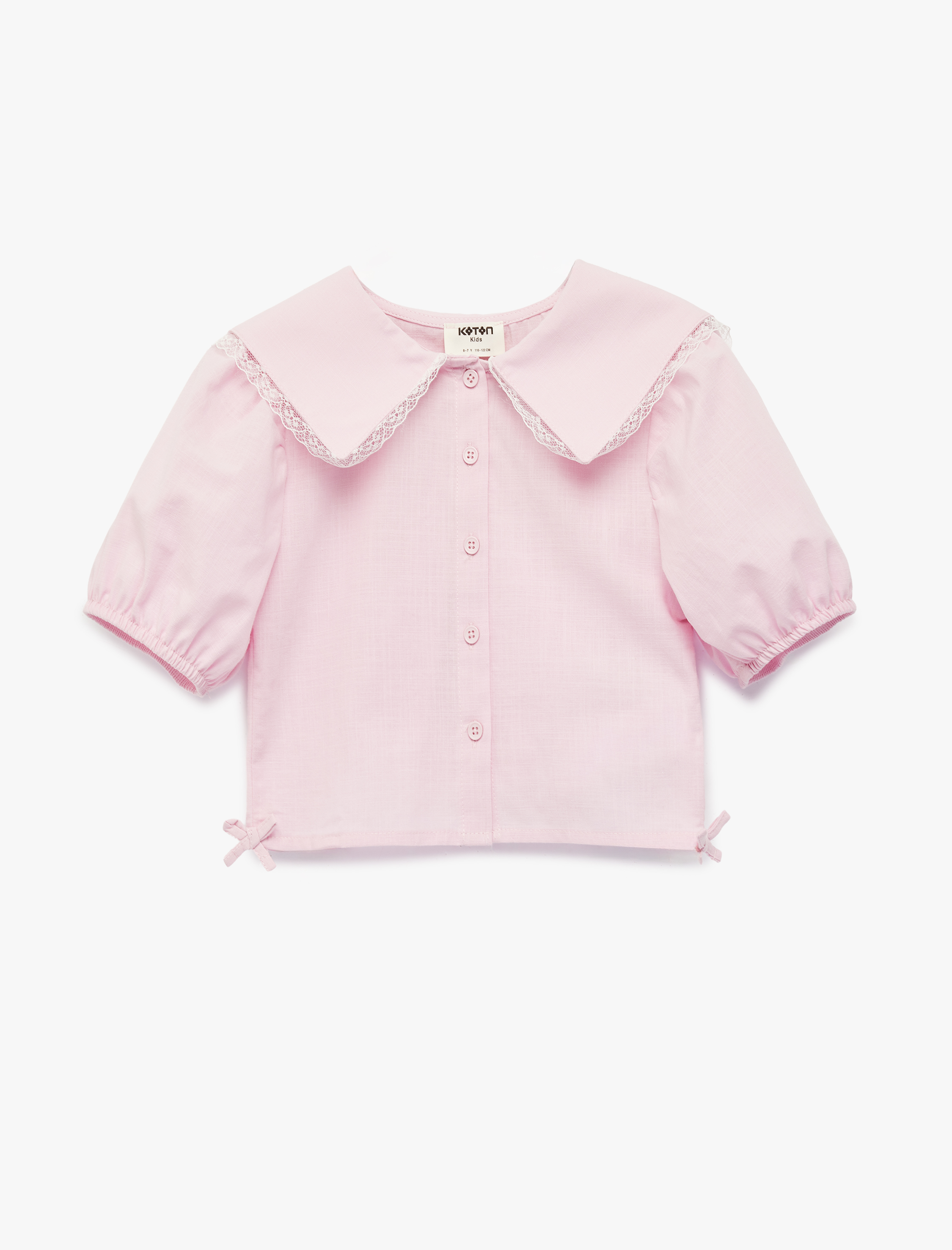  Kız Çocuk Dantel Detaylı Pamuklu Balon Kollu Fiyonklu Geniş Yaka Gömlek