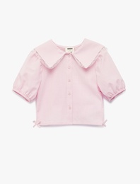 Dantel Detaylı Pamuklu Balon Kollu Fiyonklu Geniş Yaka Gömlek