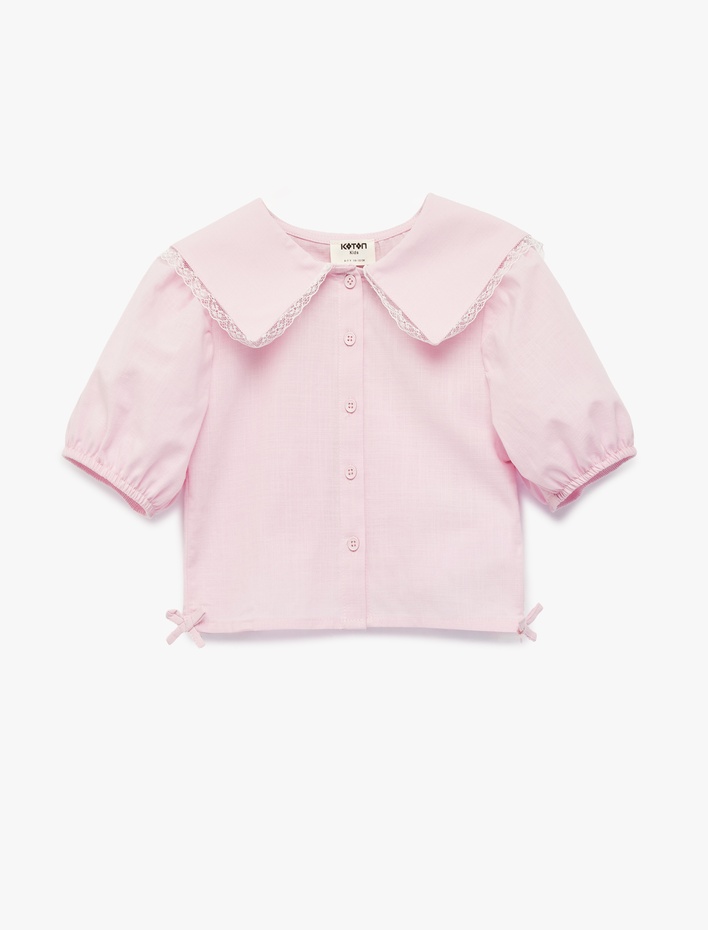 Kız Çocuk Dantel Detaylı Pamuklu Balon Kollu Fiyonklu Geniş Yaka Gömlek