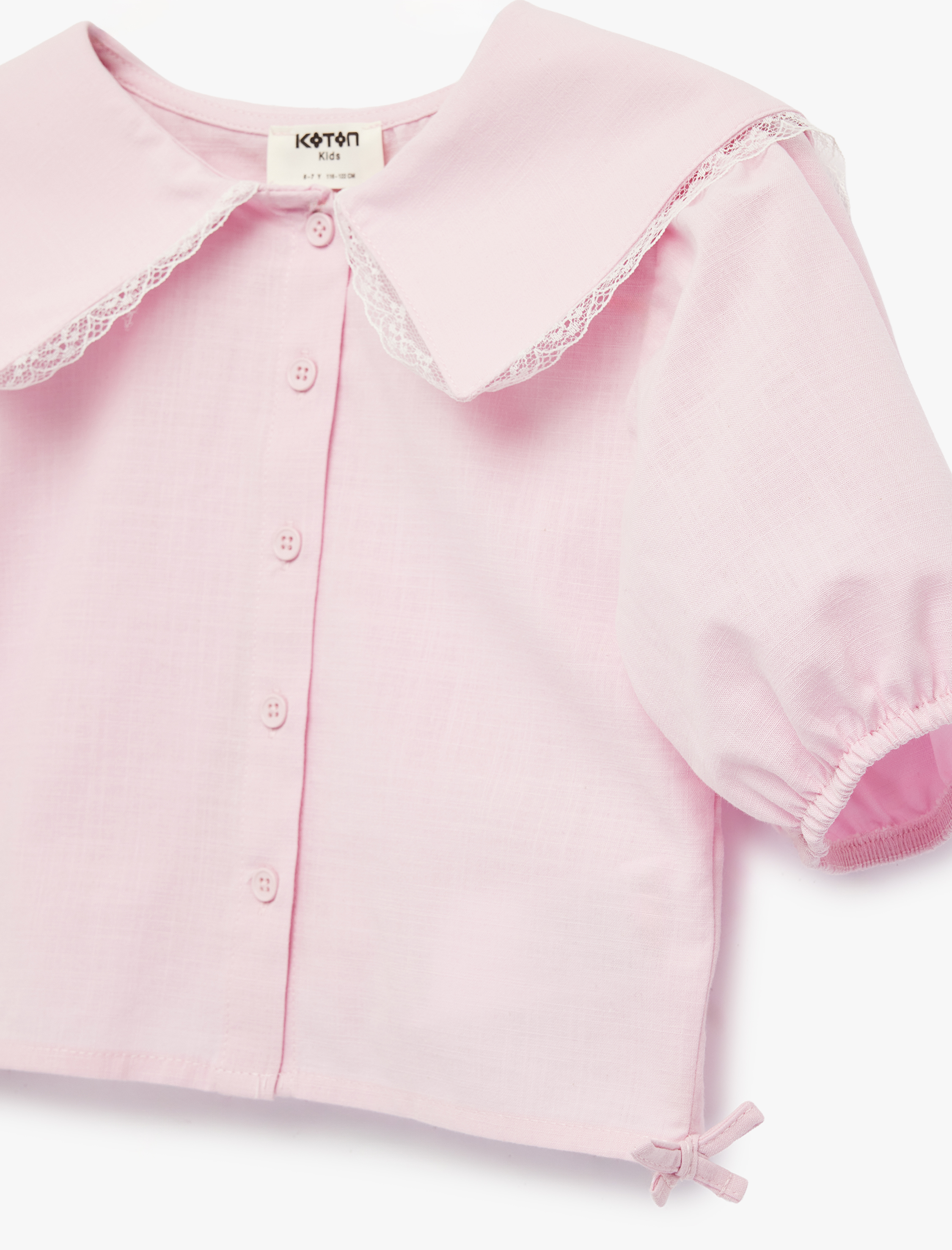  Kız Çocuk Dantel Detaylı Pamuklu Balon Kollu Fiyonklu Geniş Yaka Gömlek