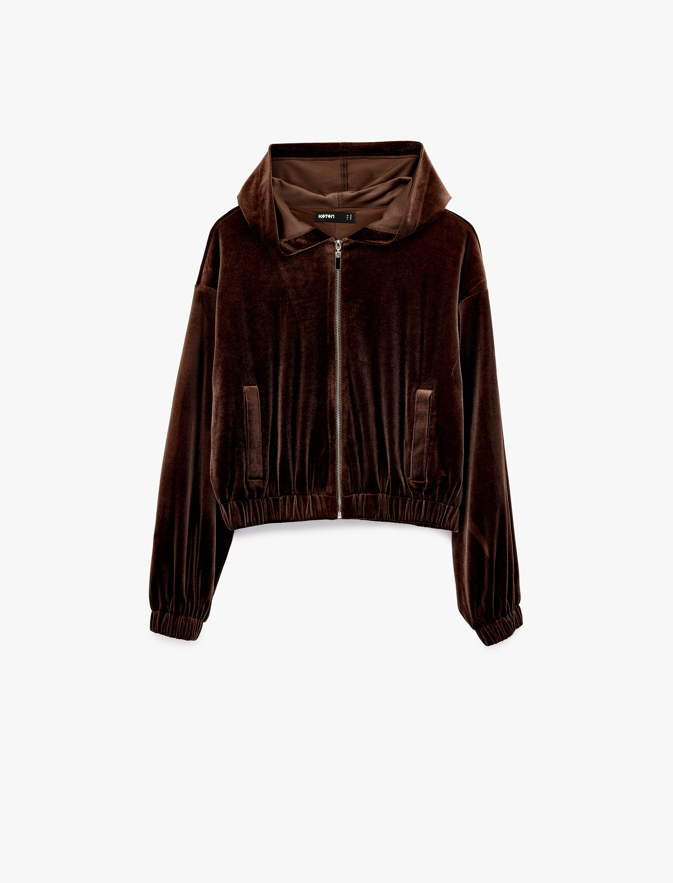   Uzun Kollu Cepli Fermuarlı Kadife Kapüşonlu Ceket