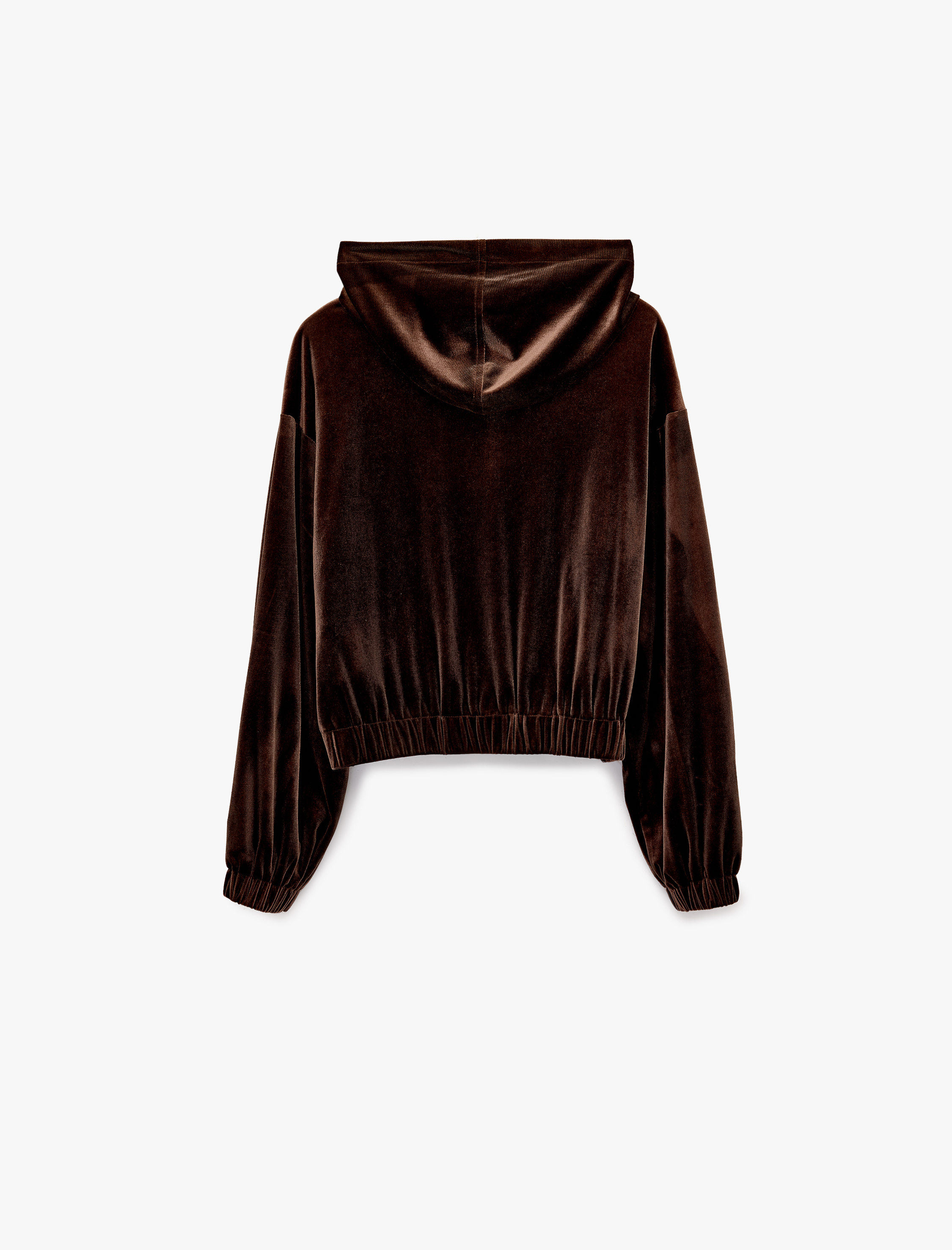   Uzun Kollu Cepli Fermuarlı Kadife Kapüşonlu Ceket