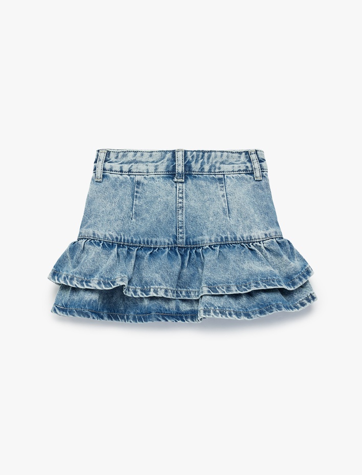 Kız Çocuk Pamuklu Kat Kat Fırfır Detaylı Cepli Mini Denim Etek