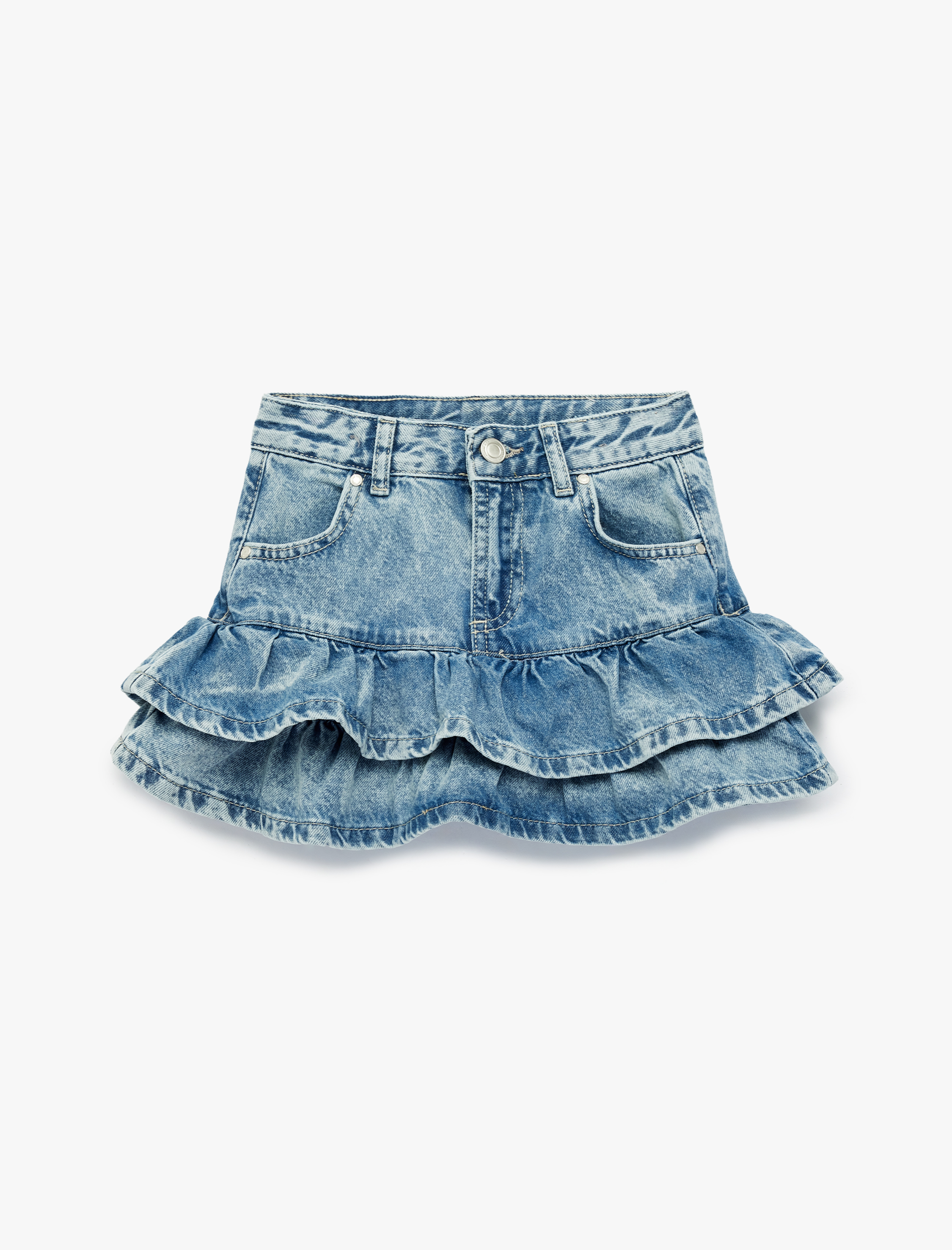  Kız Çocuk Pamuklu Kat Kat Fırfır Detaylı Cepli Mini Denim Etek