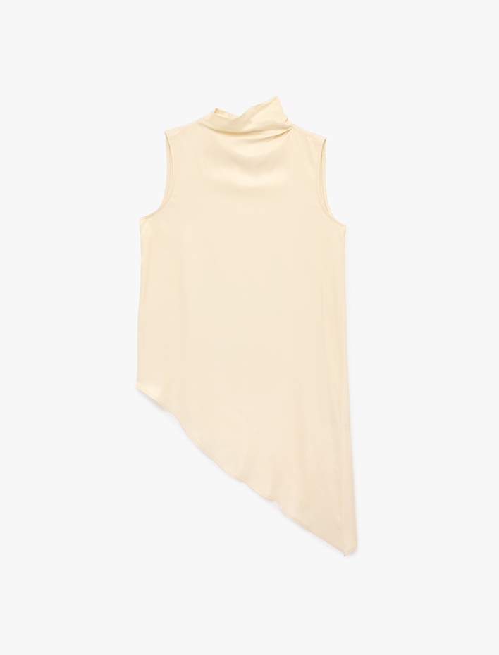  Asimetrik Kesim Kolsuz Dik Yaka Uzun Saten Bluz