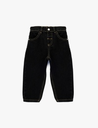 Pamuklu Beli Lastikli Düğmeli Relax Fit Denim Pantolon