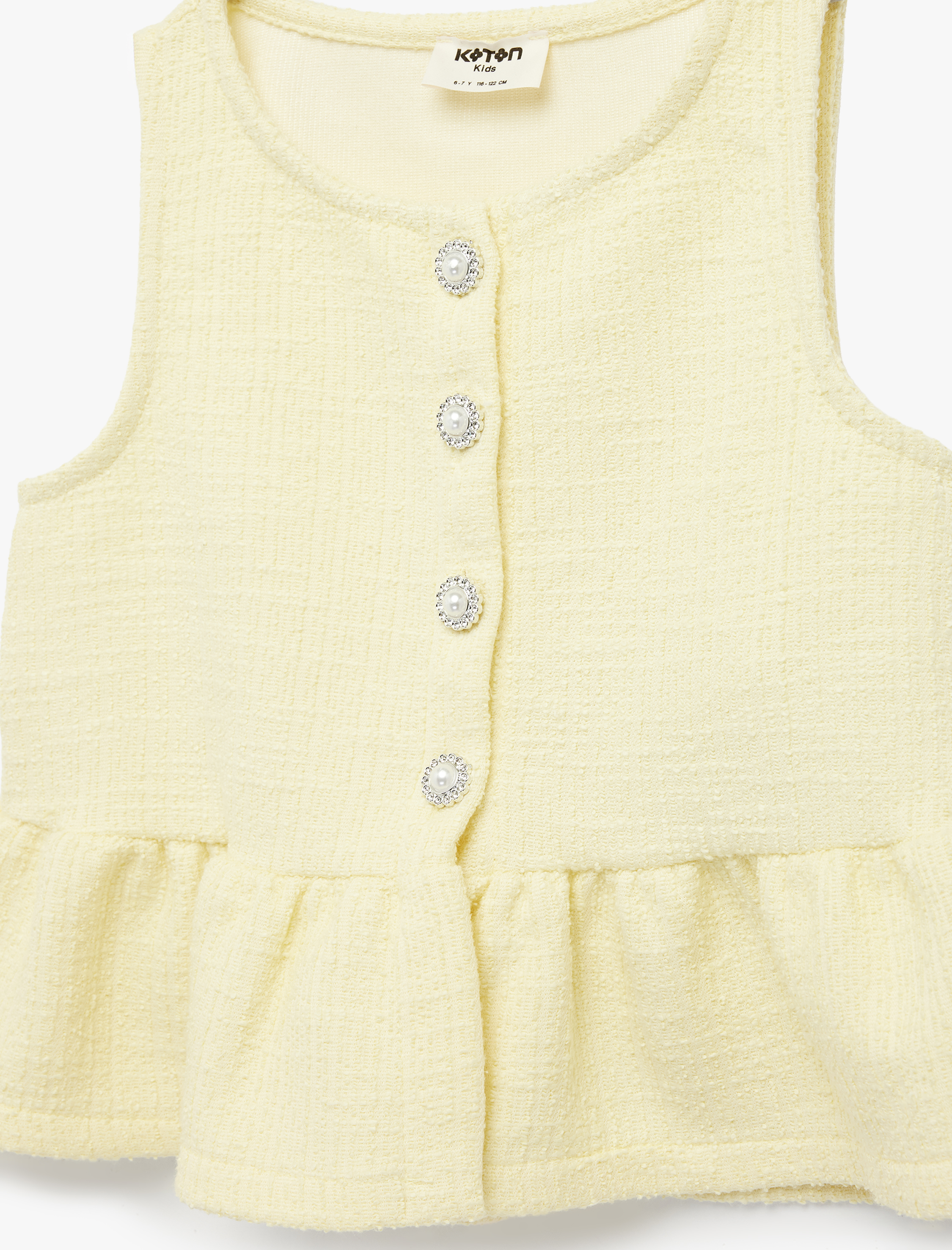  Kız Çocuk İnci Düğme Detaylı Bisiklet Yaka Fırfırlı Kolsuz Bluz