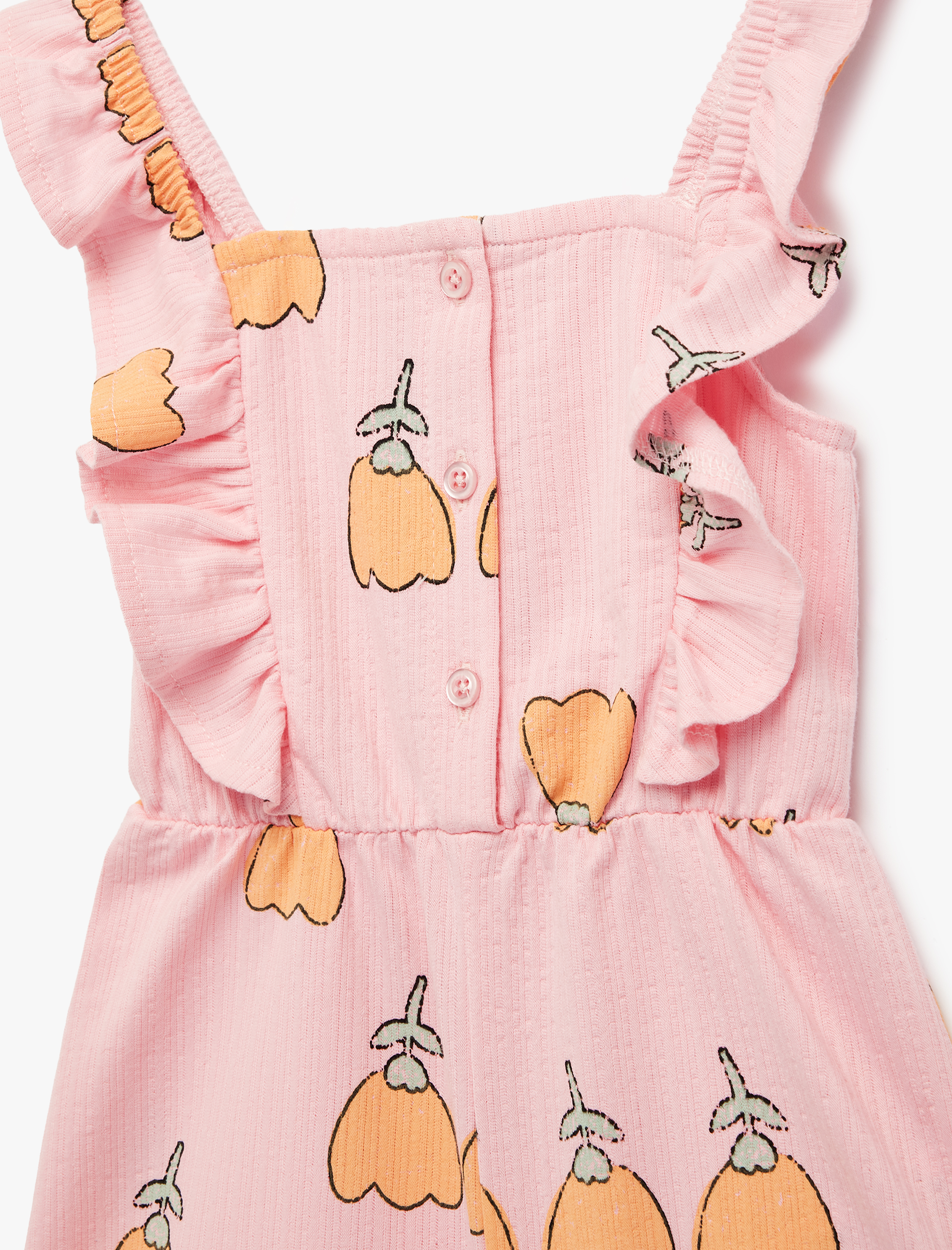  Kız Bebek Fırfır Detaylı Bisiklet Yaka Askılı Çiçek Baskılı Pamuklu Tulum