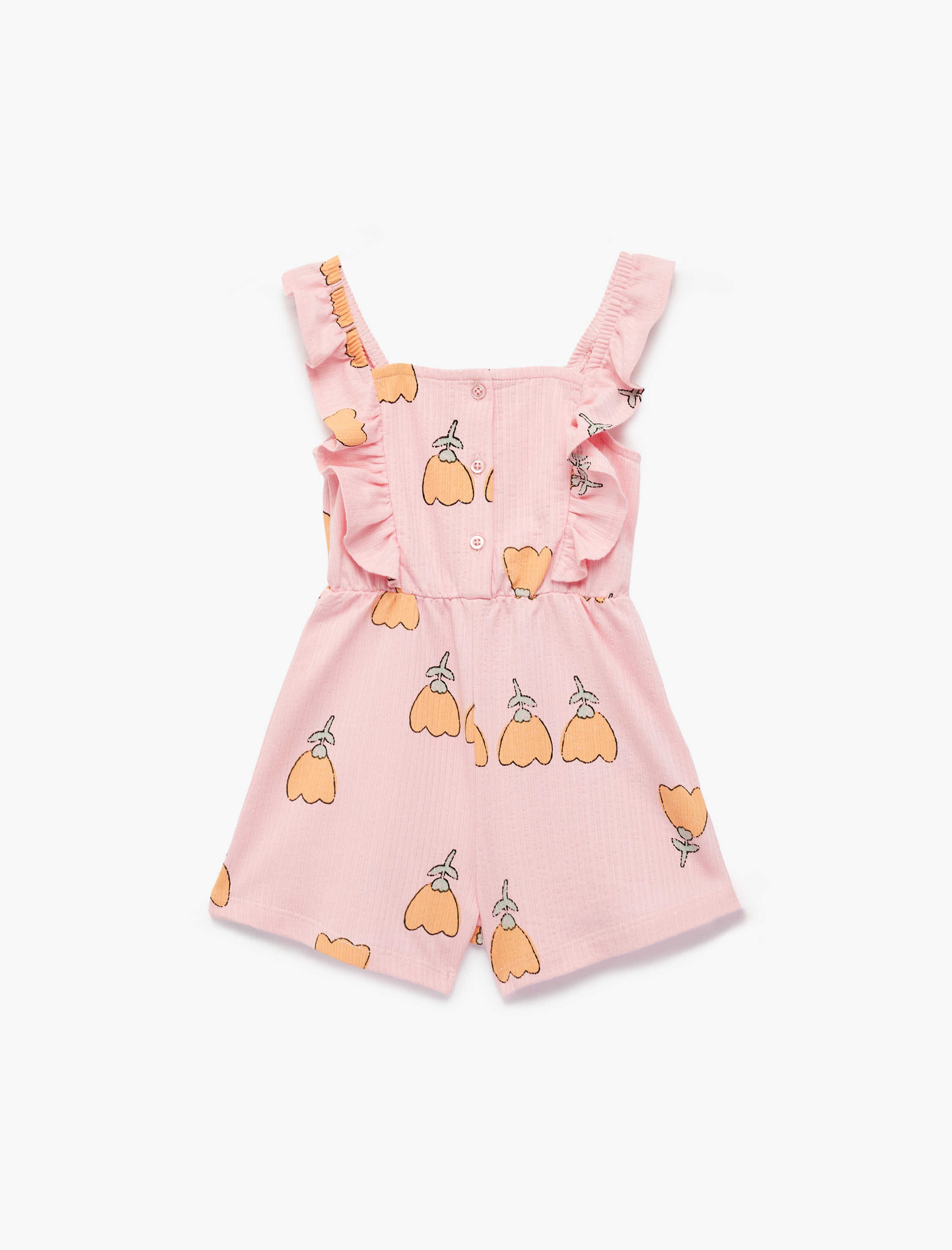  Kız Bebek Fırfır Detaylı Bisiklet Yaka Askılı Çiçek Baskılı Pamuklu Tulum